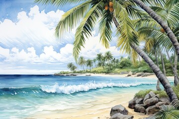 Beach Drawing: Captivating Palm Trees and Gentle Waves in Vibrant Showcase