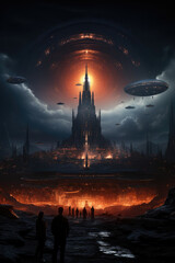 Enormous alien mothership looming over a futuristic city skyline, extraterrestrial invasion