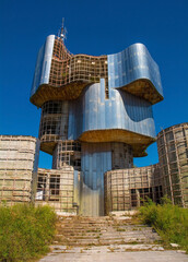 The now derelict Yugoslav-era WW2 partisan Monument to the Uprising of the People of Kordun and Banija on Veliki Petrovac in Petrova Gora National Park, north west Croatia. Constructed from poured con