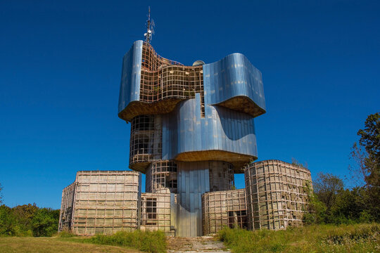 The now derelict Yugoslav-era WW2 partisan Monument to the Uprising of the People of Kordun and Banija on Veliki Petrovac in Petrova Gora National Park, north west Croatia. Constructed from poured con