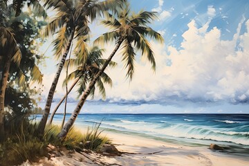 Beach Scene: Palm Trees Swinging in Breeze - A Serene Coastal View