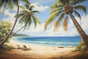Beach Scene with Swinging Palm Trees in the Breeze - Tranquil Coastal Paradise Image