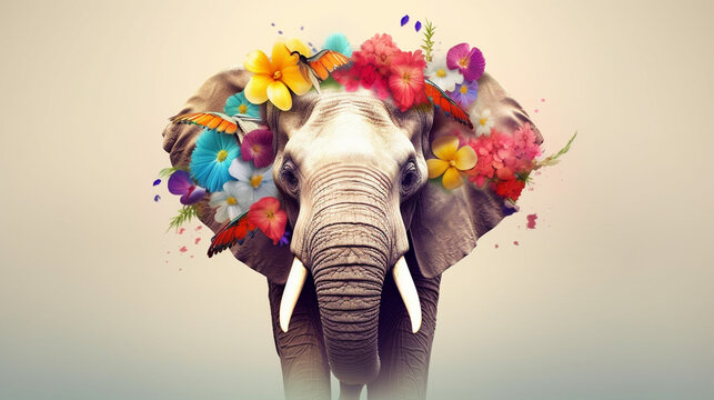elephant head , animal, elephant decorated with flowers, beautiful illustration, postcard