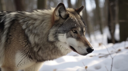 grey wolf setting on snow in the woods at winter