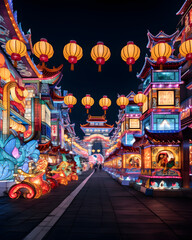 chinese temple in the night, neon 