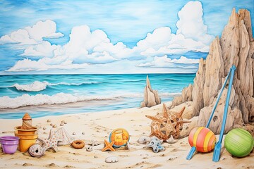 Fun and Creative Beach Themed Drawing: Inspiration for Your Beach Getaway - obrazy, fototapety, plakaty