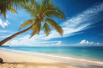 Fototapeta na wymiar Beach Vacation: Stunning View of Palm Tree on Tropical Beach - Unwind in Paradise