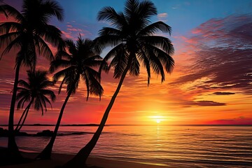 Sunset Beach View: Captivating Palm Tree Silhouette at Dusk