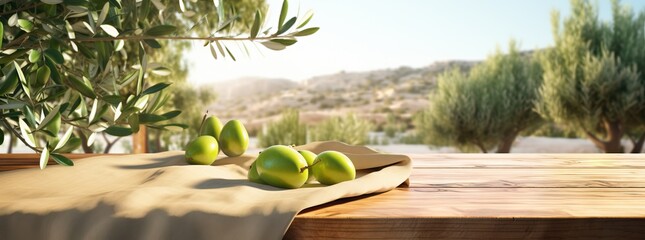 Natural wooden table and organic cloth with olive tree plant. Product placement mockup design background. Outdoor tropical summer scene with rustic vintage countertop display.  - obrazy, fototapety, plakaty
