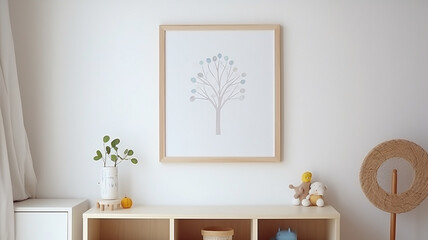  poster frame in children room with natural wooden furniture - obrazy, fototapety, plakaty