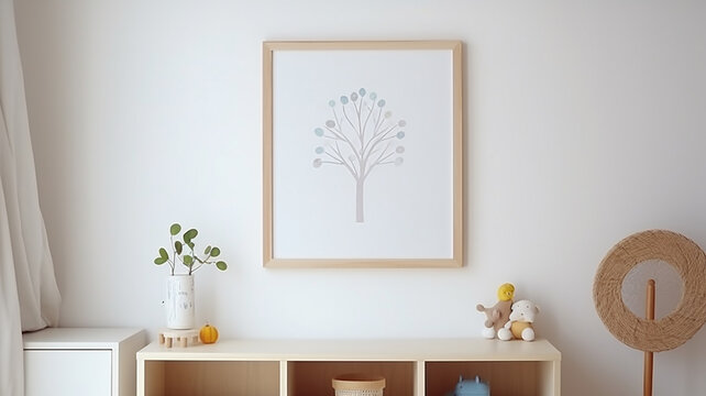  poster frame in children room with natural wooden furniture