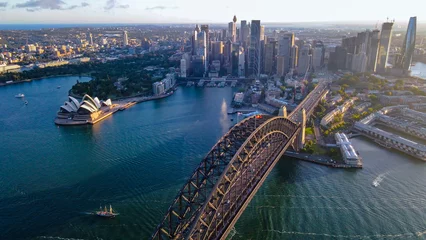 Photo sur Plexiglas Sydney Harbour Bridge Aerial drone view of Sydney City and Sydney Harbour showing Sydney Harbour Bridge in the late afternoon     