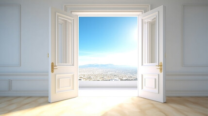Open door with a key to a large bright luxury room with big windows in a new apartment.