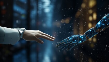 Futuristic AI Robot Hand. Human-Machine Connection for Innovation and Technological Transformation