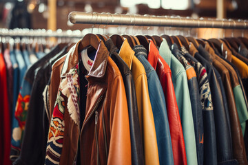 Various vintage jackets on clothing rack in second hand store - obrazy, fototapety, plakaty