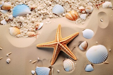 Fototapeta na wymiar Closeup of Sea Sand Beach: Shells and Pebbles - Captivating Visuals of Coastal Serenity