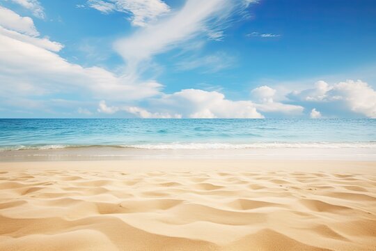 Closeup of Sand on Beach and Blue Summer Sky: Empty Tropical Beach and Seascape Image