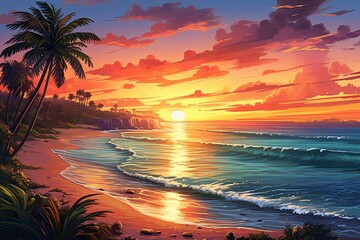 Beautiful Sunset Beach: A Captivating Digital Drawing Portraying the Serene Beauty of the Beach