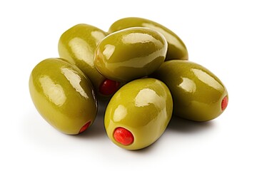 Olives stuffed with red paprika on white background. Ai generative - obrazy, fototapety, plakaty