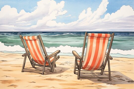 Beach Chairs Drawing: Tranquil Ocean Background Brings Serene Vacation Vibes