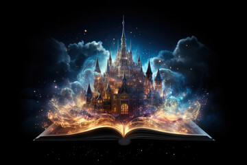 Spell book. Magically glowing old book. Fairy tale come to life - obrazy, fototapety, plakaty