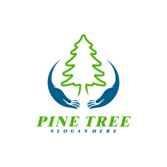 Pine Tree with Care logo design vector. Creative Pine Tree logo concepts template