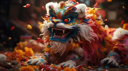 Chinese lion dance, Lunar new year celebration, colorful lion costumes performing the traditional...