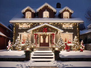 Fototapeta na wymiar Festive Holiday Home in a Snowy City