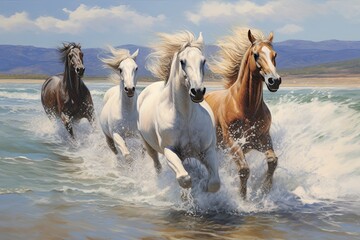 Fototapeta premium Horses Running on Beach: Captivating Beach Scenes of Majestic Equines