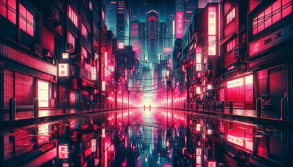 Neon-lit Cyberpunk Cityscape: Futuristic Japanese Metropolis in the Rain.