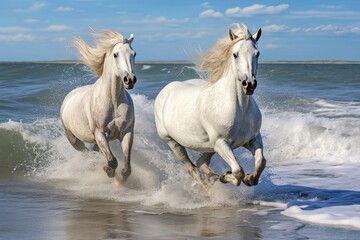 Obraz na płótnie Canvas Horses Running Wild on Beach: Embodying Freedom and Unleashing the Wild Beauty