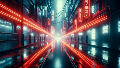 Fototapeta na wymiar Neon-lit Cyberpunk Cityscape: Futuristic Japanese Metropolis in the Rain.