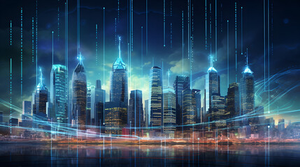 city skyline in the midst of a digital revolution, with skyscrapers transforming into digital interfaces and currency symbols, portraying the evolution of financial technology. 