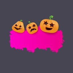 Fototapeta premium Halloween web grunge pink Banner or poster with Halloween scary pumpkins isolated on grey background . Funky kids Halloween banner with space for greeting text or sale