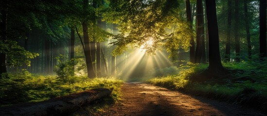 Forest with sunlight streaming