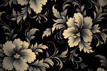 Midnight Mystique: Retro Black Floral Ornament Design - Captivating and Timeless Digital Image