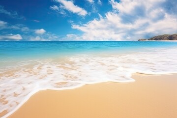 Fototapeta na wymiar Nature Landscape View: Beautiful Tropical Beach and Sea with Soft Wave of Blue Ocean on Sandy Beach