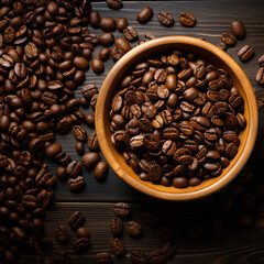 Fototapeta premium Coffee beans banner. Bowl full of coffee beans. Close-up food photography background