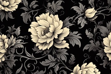Retro Floral Fantasy: Black Floral Ornaments with Curls - Stylish Digital Image
