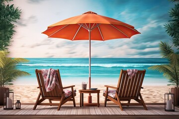 Chairs and Umbrella on Beach: A Serene Vacation Scene for Relaxation