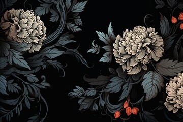 Retro Reverie: Black Floral Ornamentations in Classic Curls - Vintage-inspired Digital Image