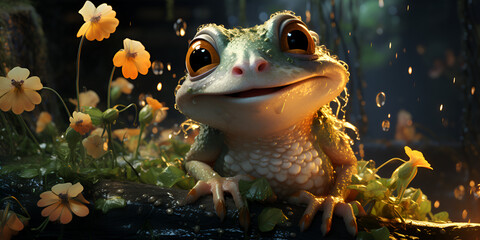  3d rendered cute cartoon frog character design A frog with a green frog on its head sits on a yellow flower wet surface There is a frog that is smiling.AI Generative