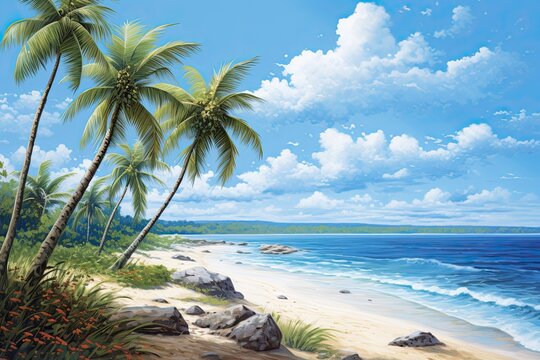 Relaxing Beach Scene: Palm Trees Swaying in the Breeze - Serene Maritime Landscape Image
