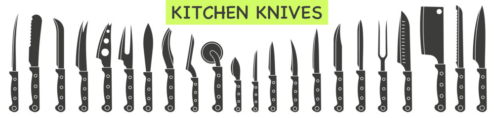 Set of dark full kitchen knives vector illustration. A set of various knives.