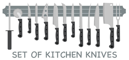 Set of kitchen knives vector illustration. Flat design knives with dark magnetic handles. Logo for the kitchen. - obrazy, fototapety, plakaty