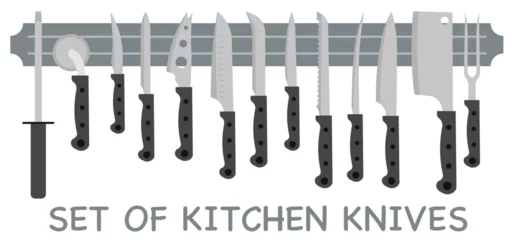 Fotobehang Set of kitchen knives vector illustration. Flat design knives with dark magnetic handles. Logo for the kitchen. © Alex Darts