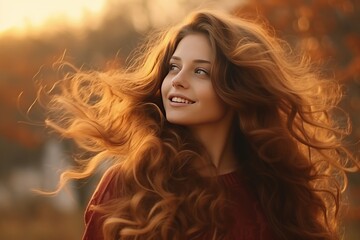 Fototapeta premium Attractive brunette young woman playing with her hair outdoors 