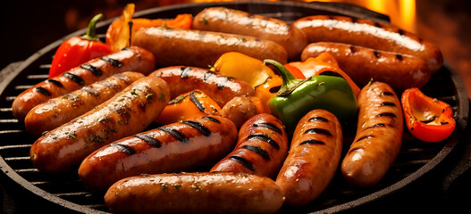 Grilled sausages and vegetables on a flaming BBQ grill A delicious food poster for summer dining .AI Generative