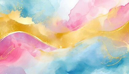 Abstract watercolor paint background by teal color blue and pink with golden liquid fluid texture for background, banner