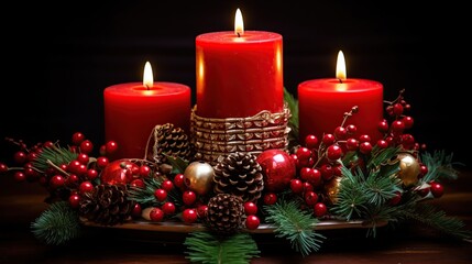 Christmas candles with arrangement and decorations.
